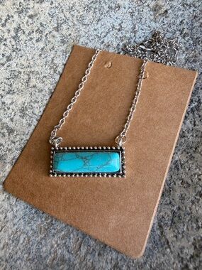 14K Gold South Western Turquoise Bar Pendant Necklace  - Silver Chain
